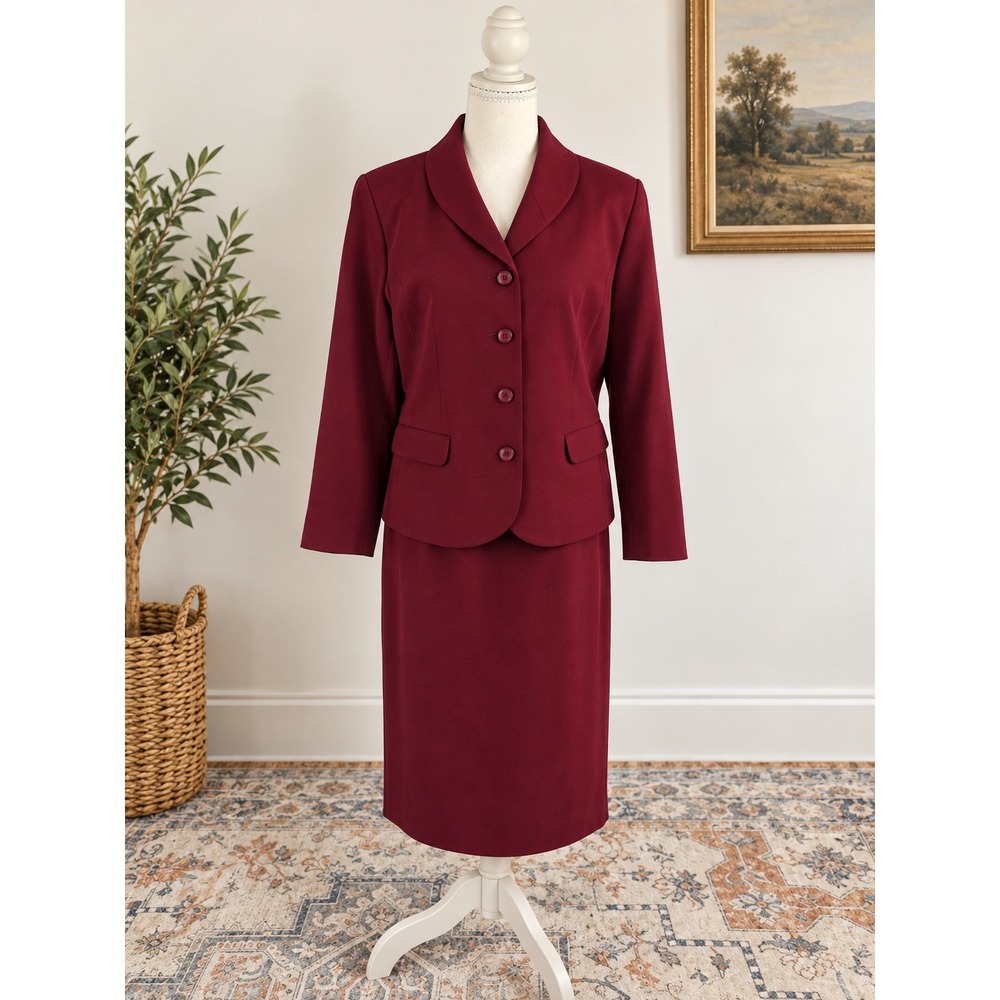 Pendleton Burgundy Wool Skirt Suit Women's 12 Blazer Pencil Skirt 2 Pc
